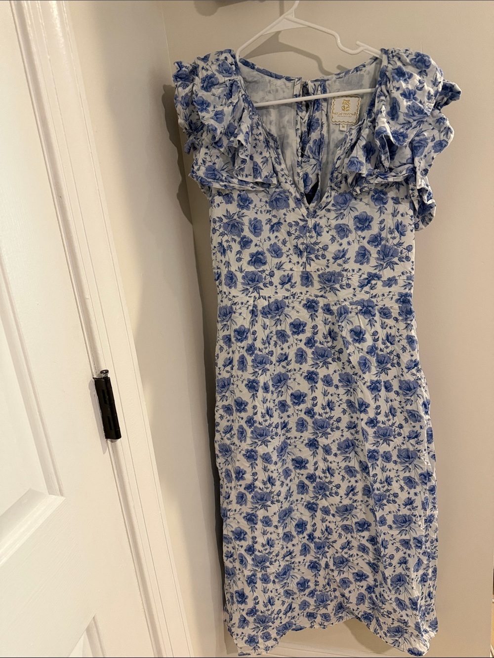 Simply Southern White and Blue Floral Midi Dress with Ruffle Sleeves